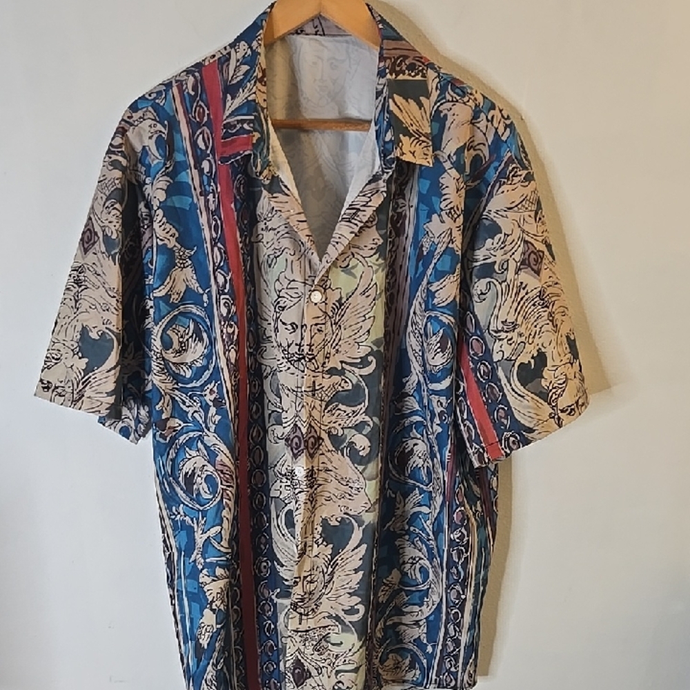 Vintage-Inspired Blue and Cream Men's Short Sleeve Button-Up Shirt